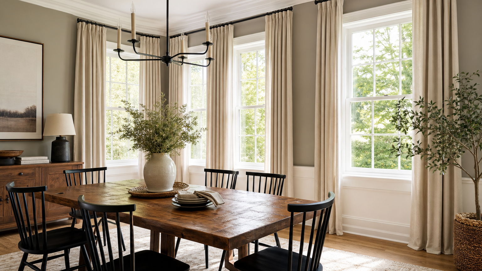 Soft neutral curtains framing bright dining room windows beside a warm wood table