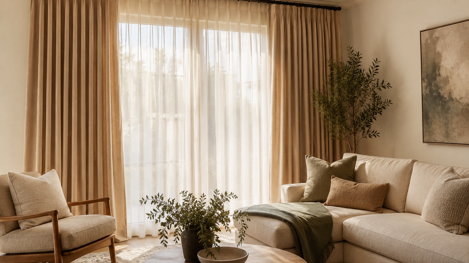 Warm living room with a beige sofa and full-length neutral curtains in soft natural light