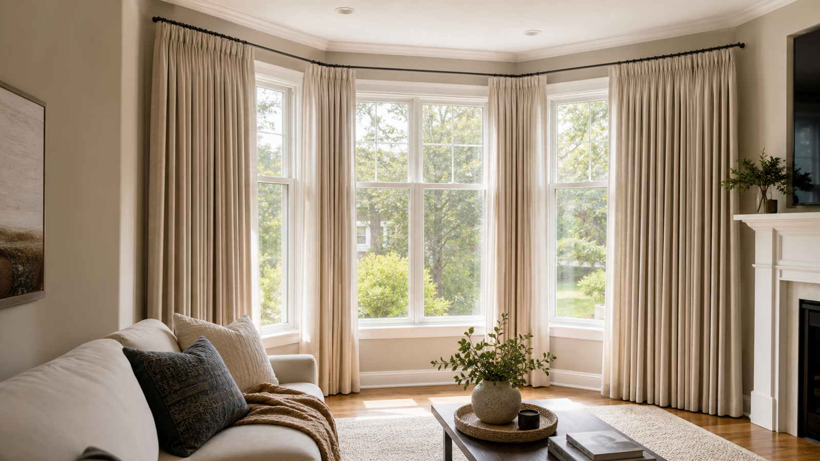 Bright bay window seating area with full-length neutral curtains and soft natural light