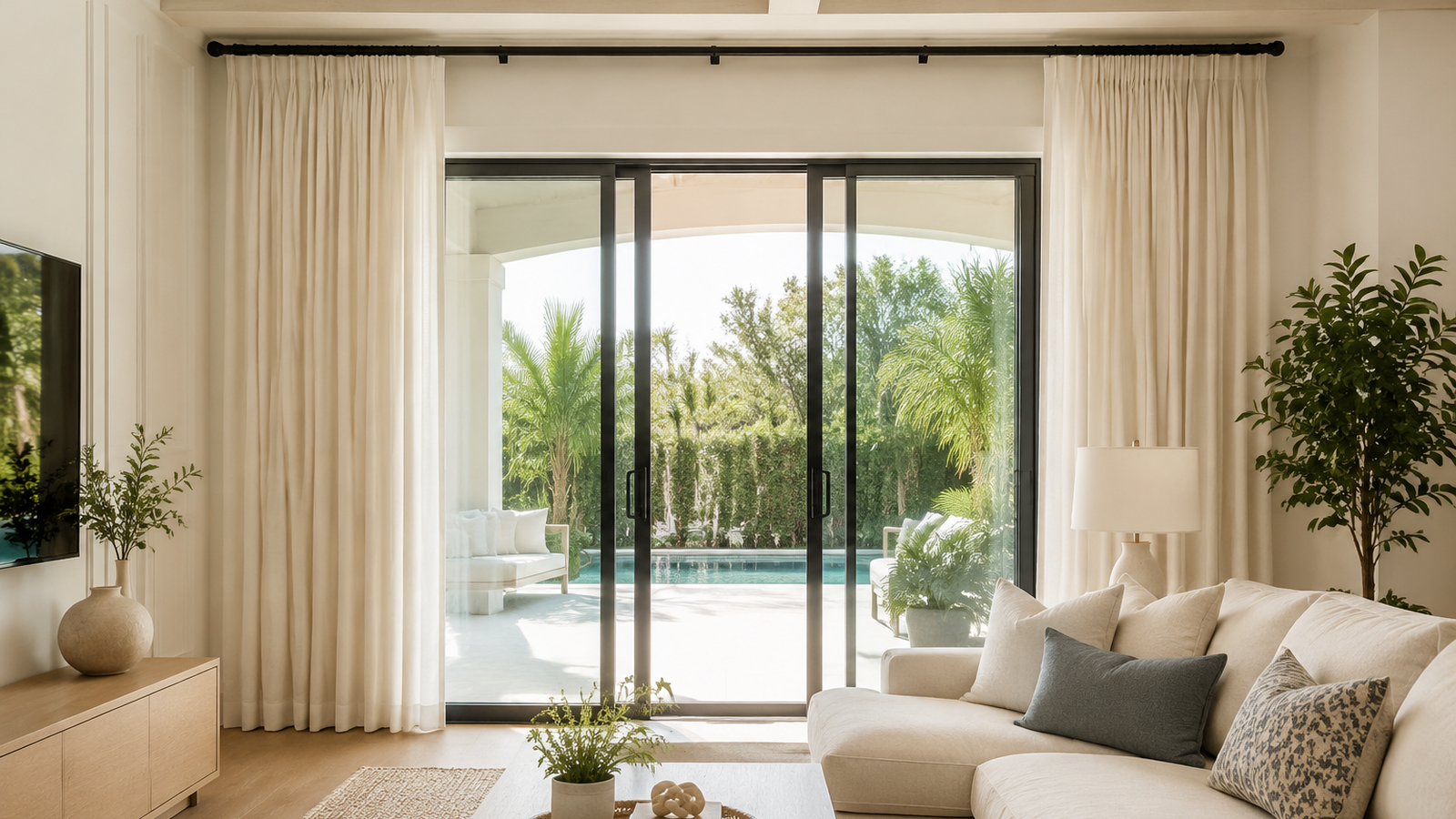 Bright living room with soft full-length curtains framing sliding glass doors