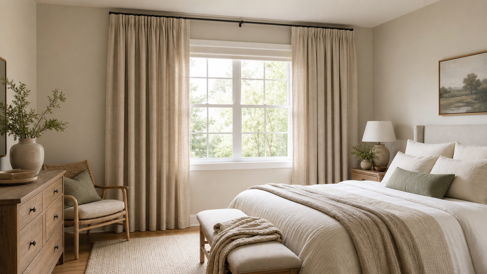 Soft neutral nursery curtains framing a bright window with gentle light and a calm sleep-friendly mood