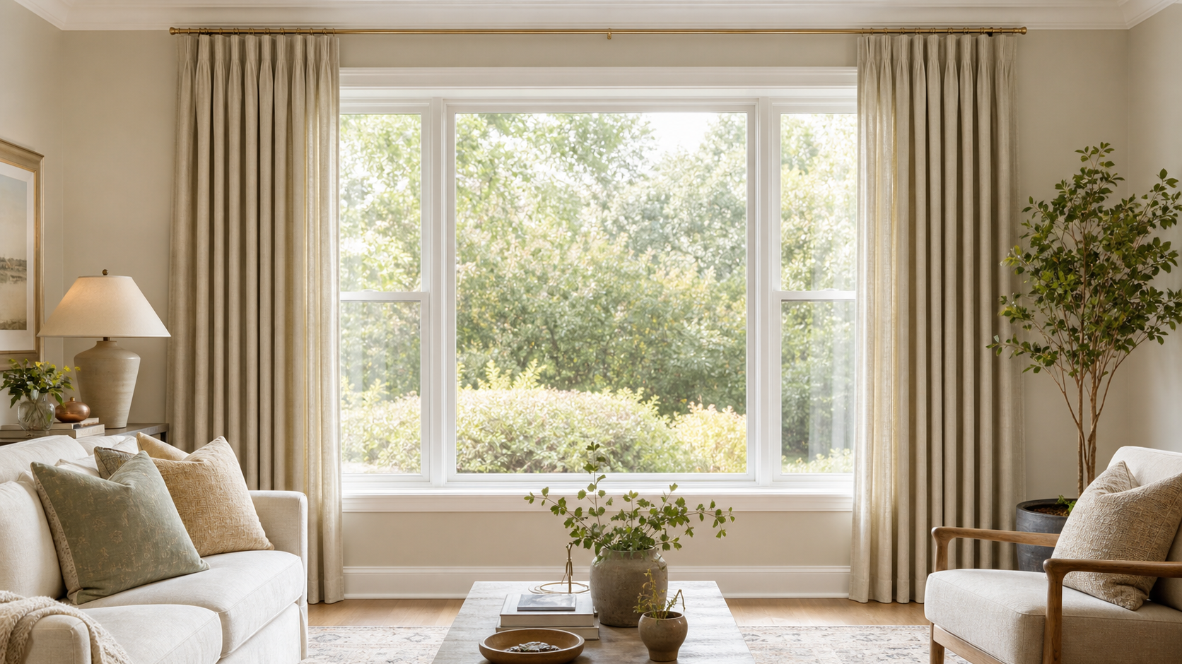 Elegant bright living room window with full-length neutral curtains stacked back neatly to keep most of the glass exposed