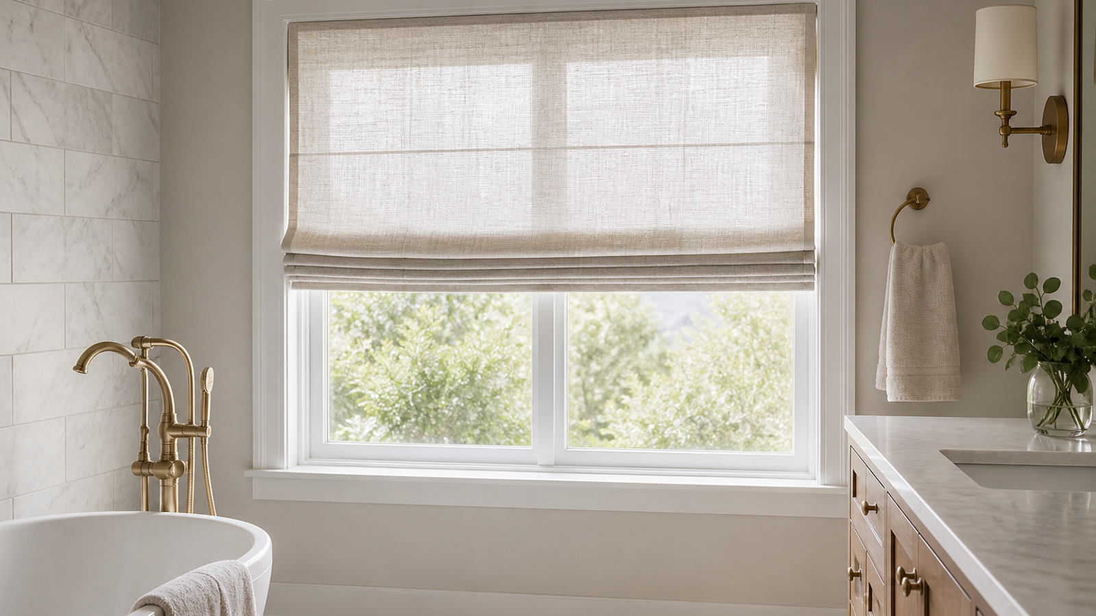 Soft neutral bathroom curtains filtering daylight beside a bright bathroom window with clean tile and warm accents