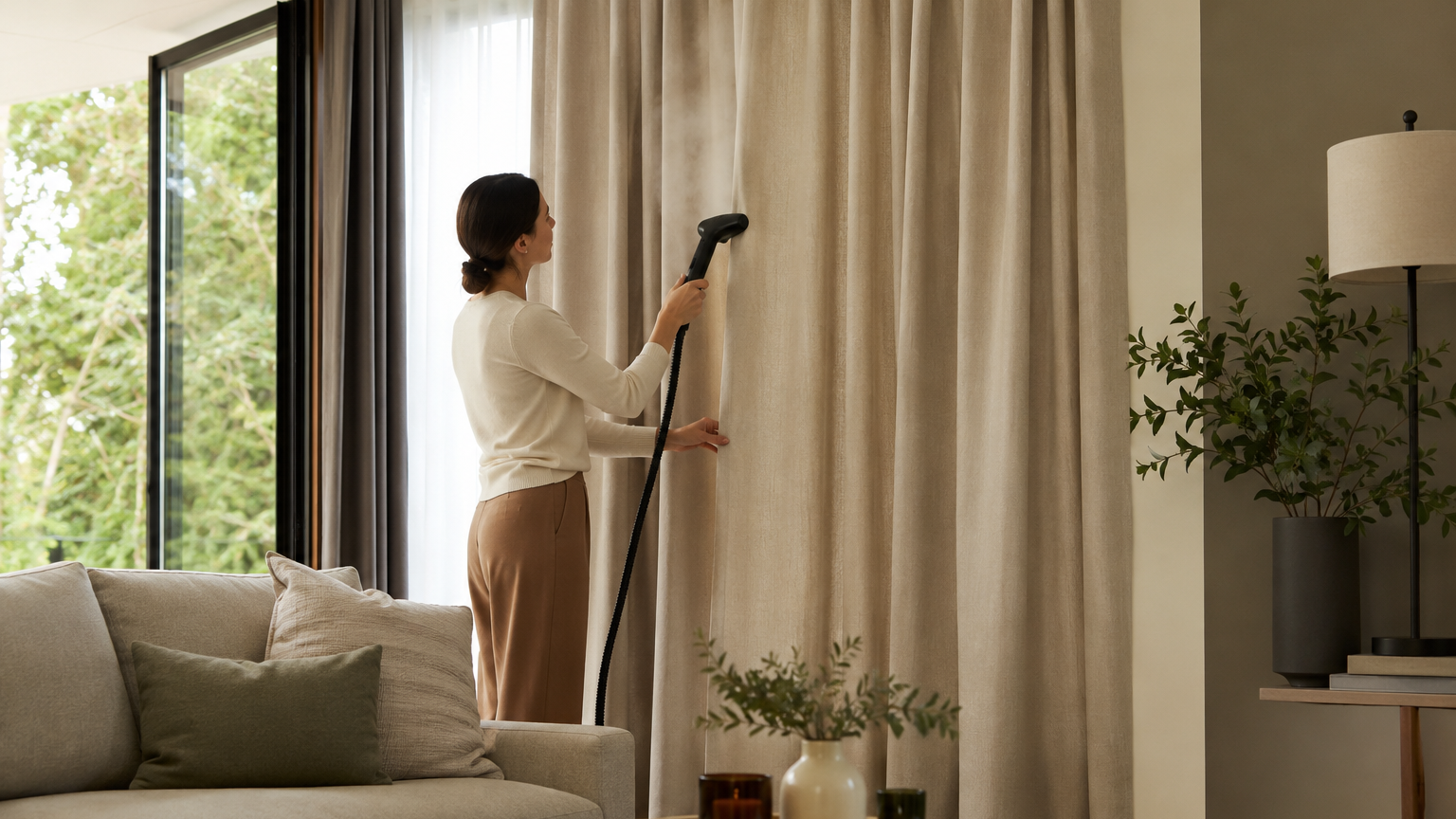 Soft neutral curtains in a bright living room being gently refreshed with light steam and natural airflow