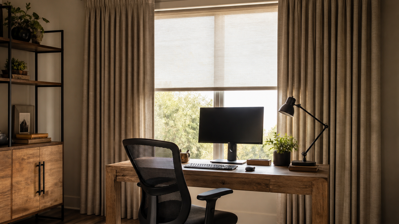 Home office with neutral curtains softening daylight behind a desk and monitor