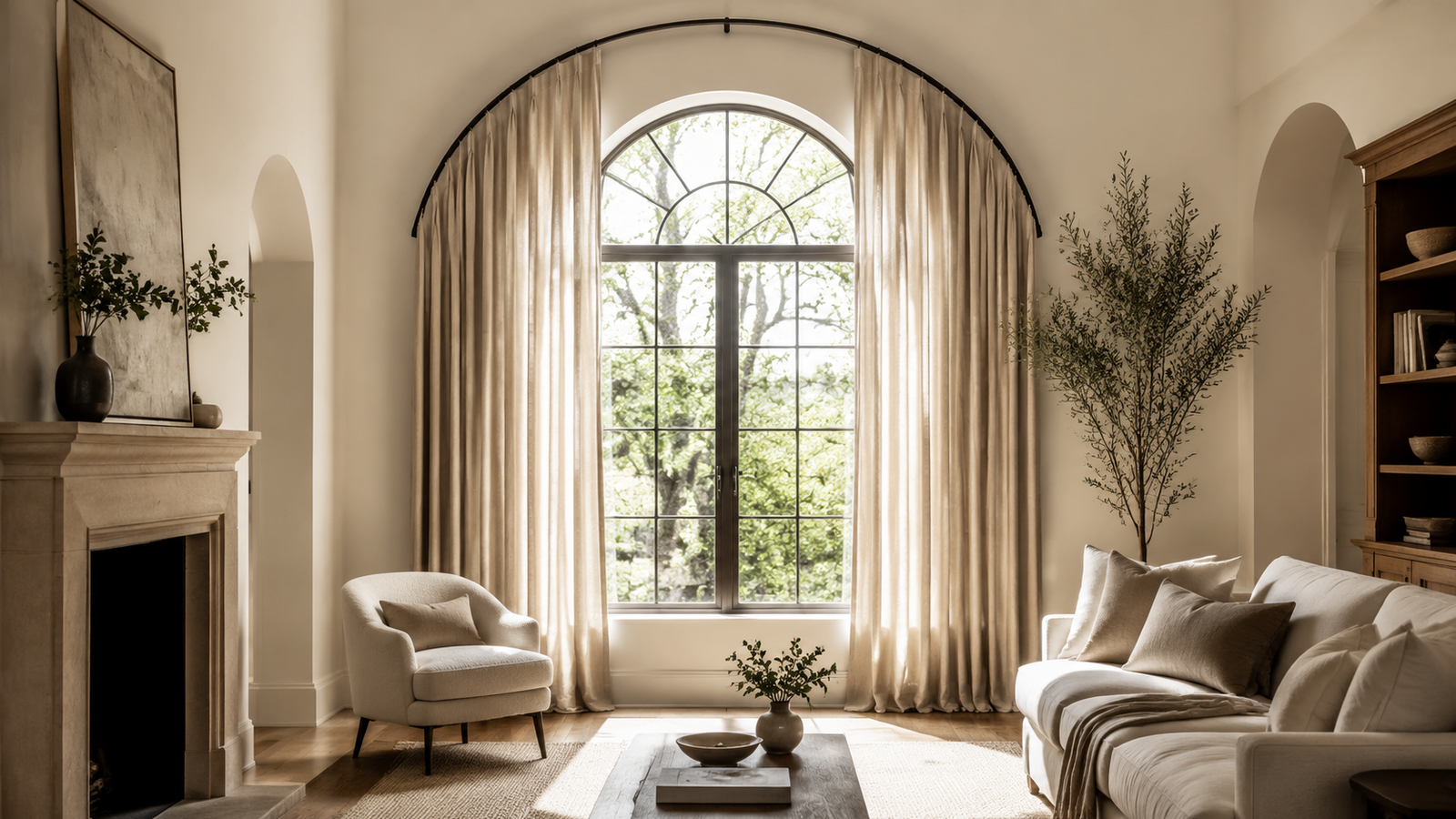 Neutral linen curtains framing a tall arched living room window with soft daylight