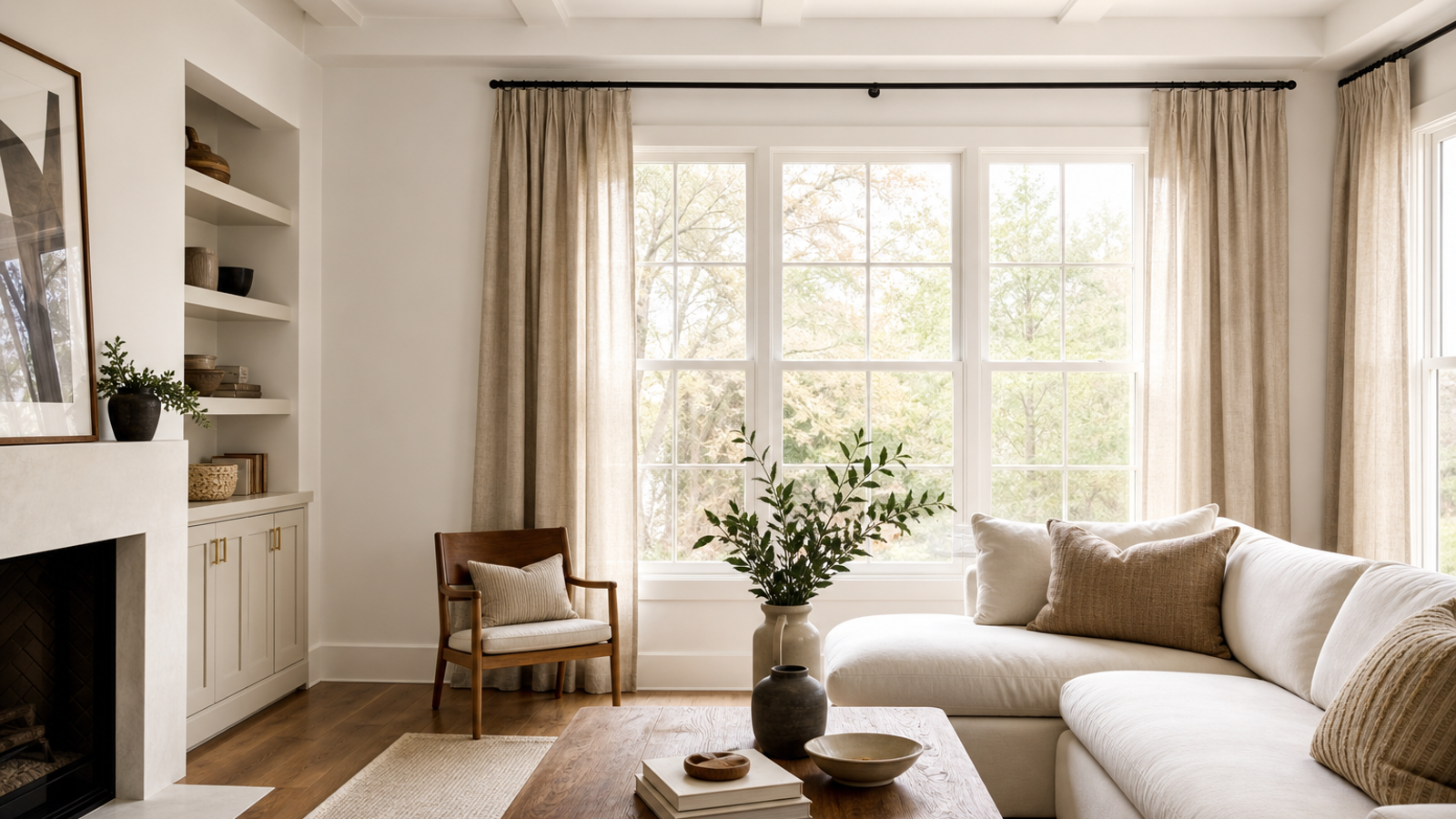 Warm neutral curtains framing white walls in a bright, layered living room