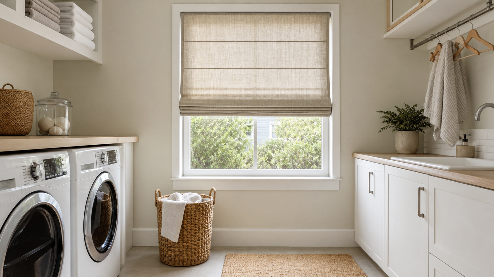 Soft neutral laundry room curtains filtering daylight in a clean utility room