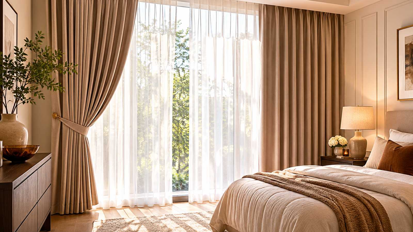 Bright bedroom with full-length curtains showing soft privacy lining and blackout-ready drape