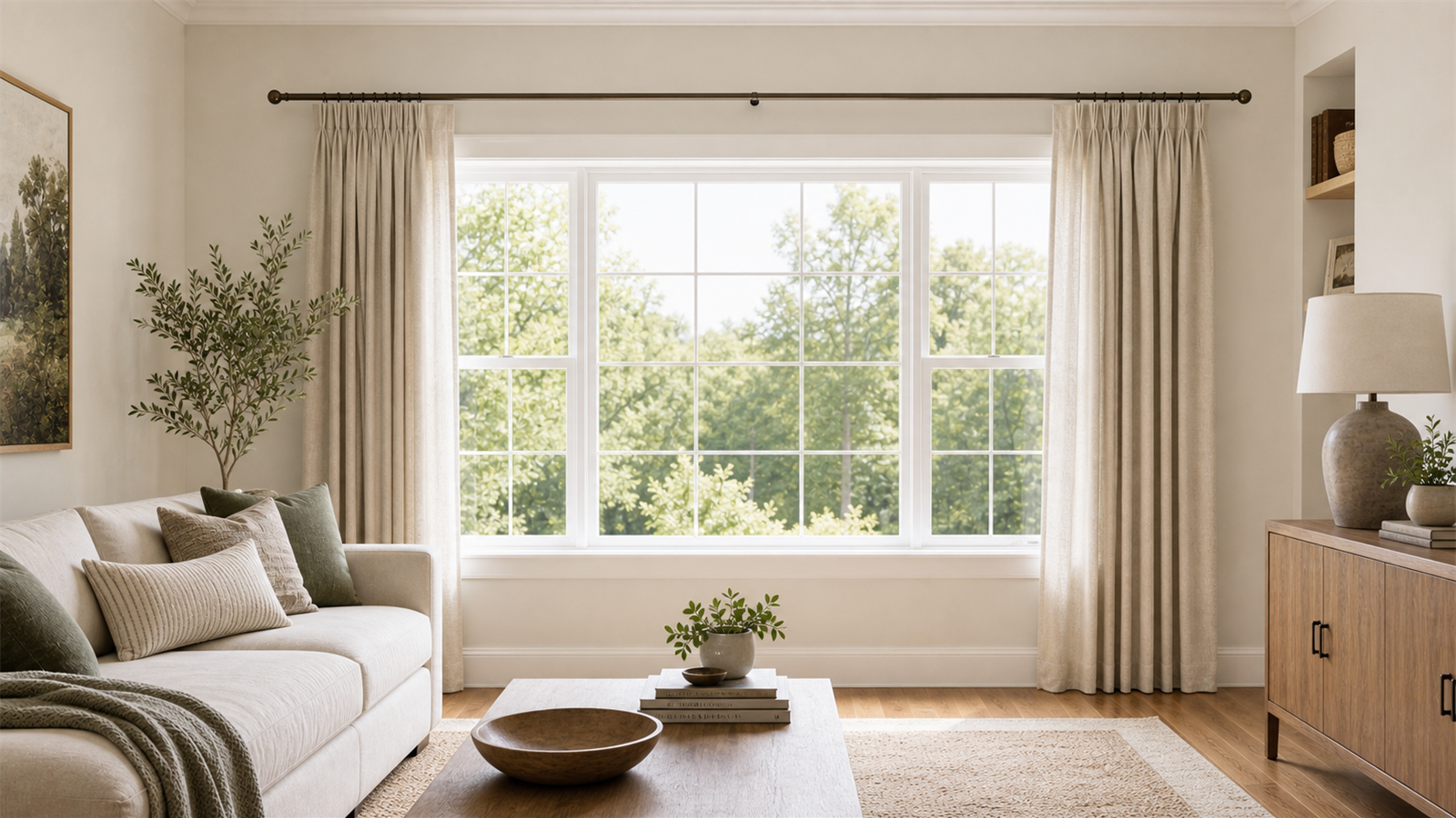 Wide living room window with curtains extending beyond the frame