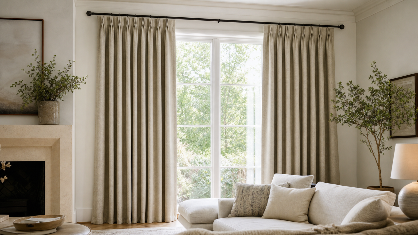 A tailored pinch pleat curtain hanging in a bright living room with soft natural daylight