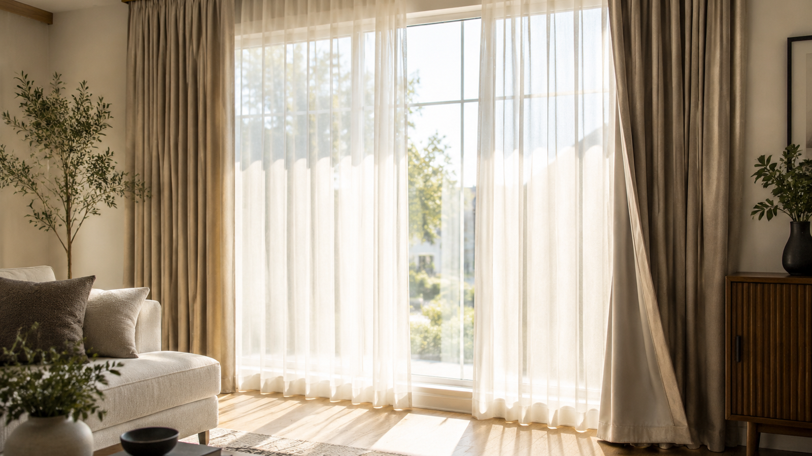 Bright living room with south-facing windows and lined curtains filtering strong daylight