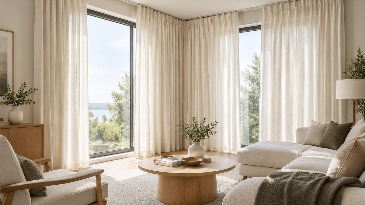 Soft ivory curtains wrapping a bright corner window with a slim ceiling track in a modern living room