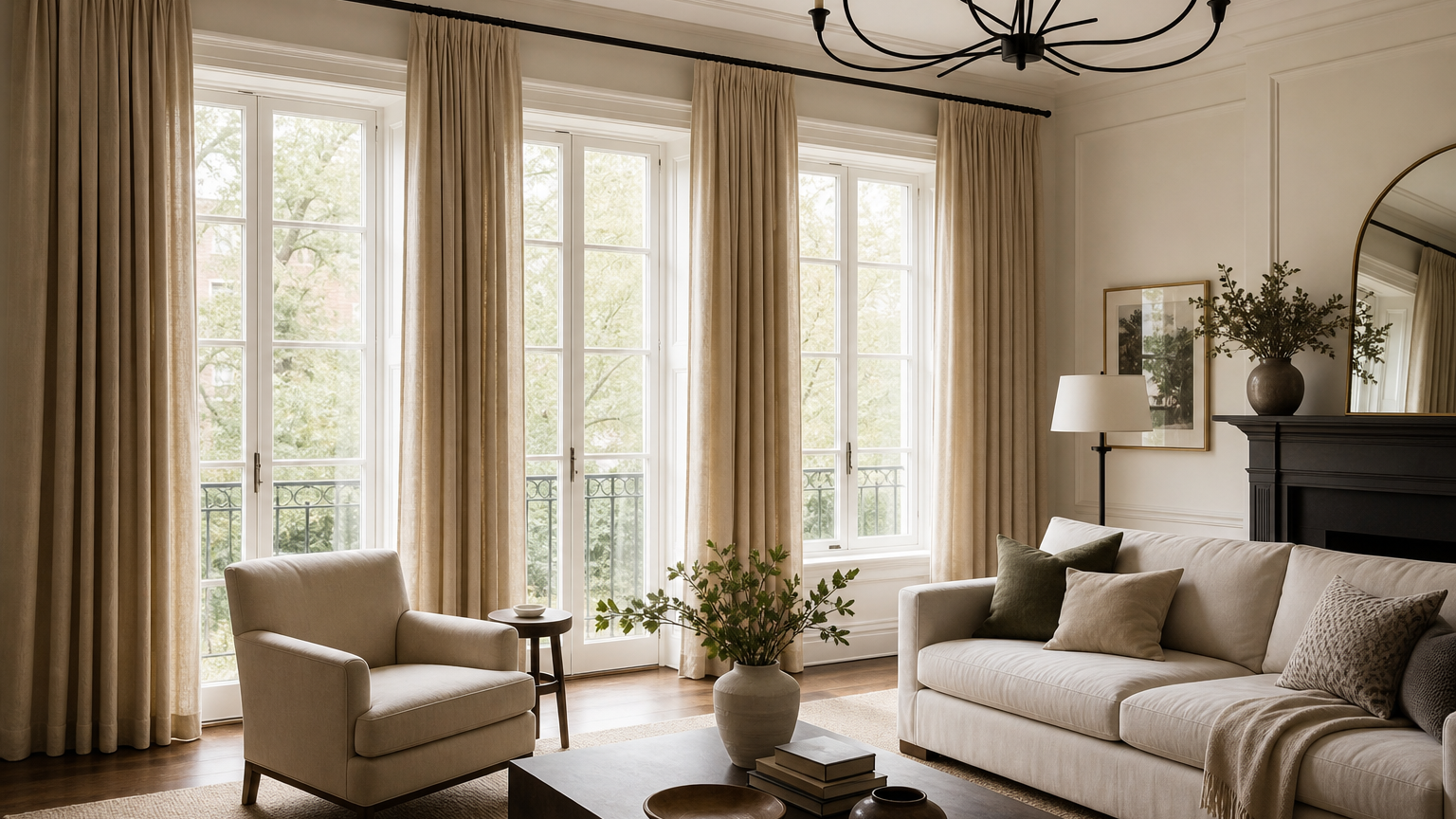 Wide elegant living room with full-length neutral curtains framing large windows in soft natural light