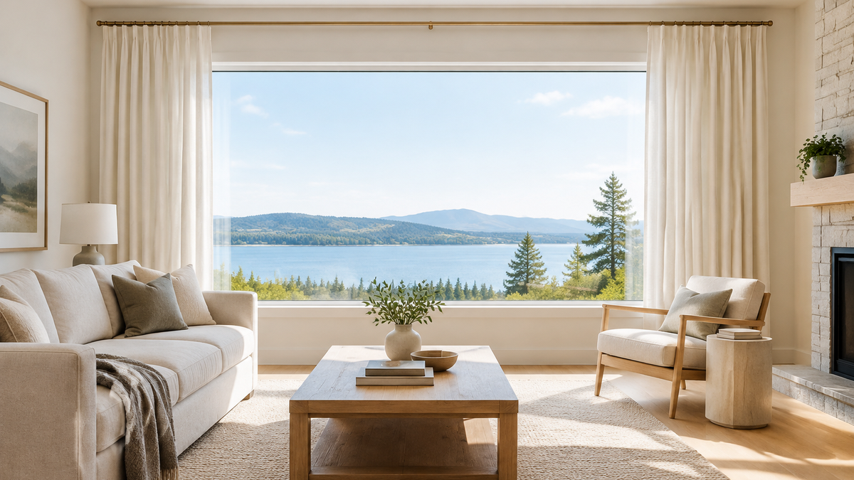 Soft ivory curtains framing a wide picture window in a bright modern living room