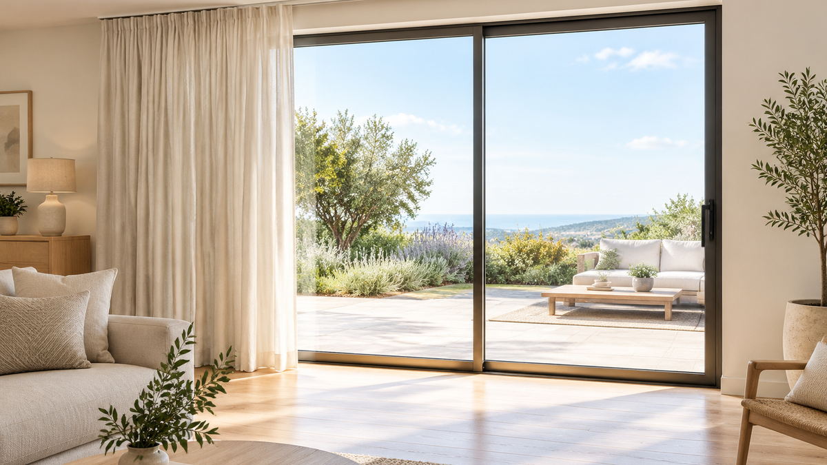 Natural ivory curtains framing a wide sliding glass door with clear stack-back in a bright modern living room