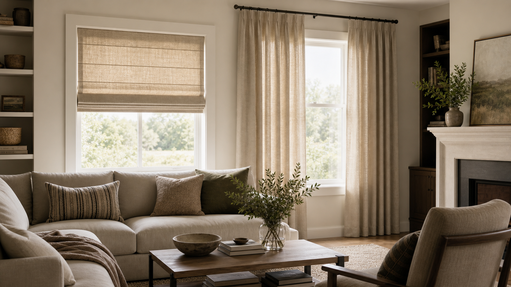 Roman shades and curtains comparison in a modern living room