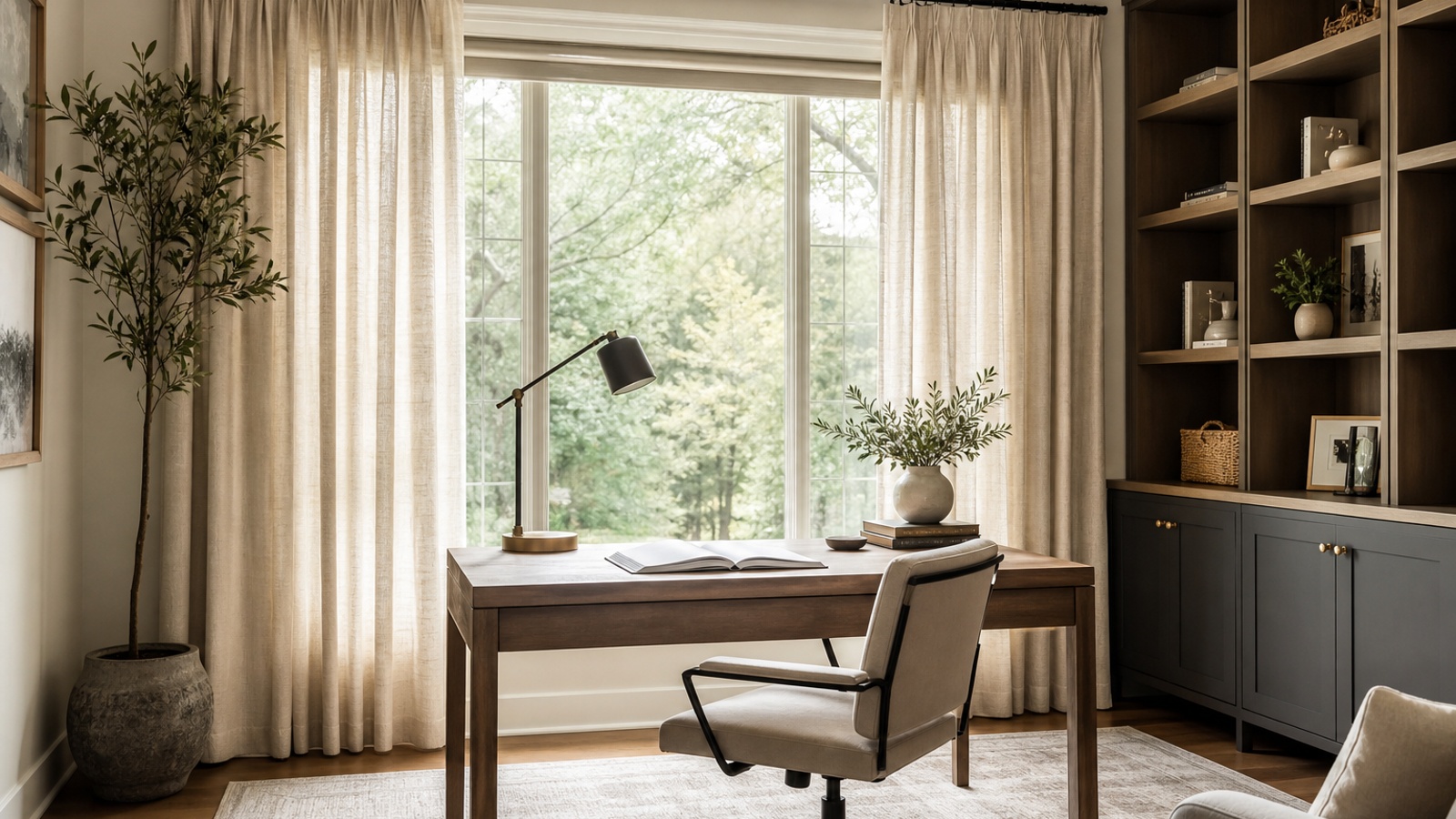 Soft oatmeal linen curtains framing a bright home office window with a wood desk and filtered daylight