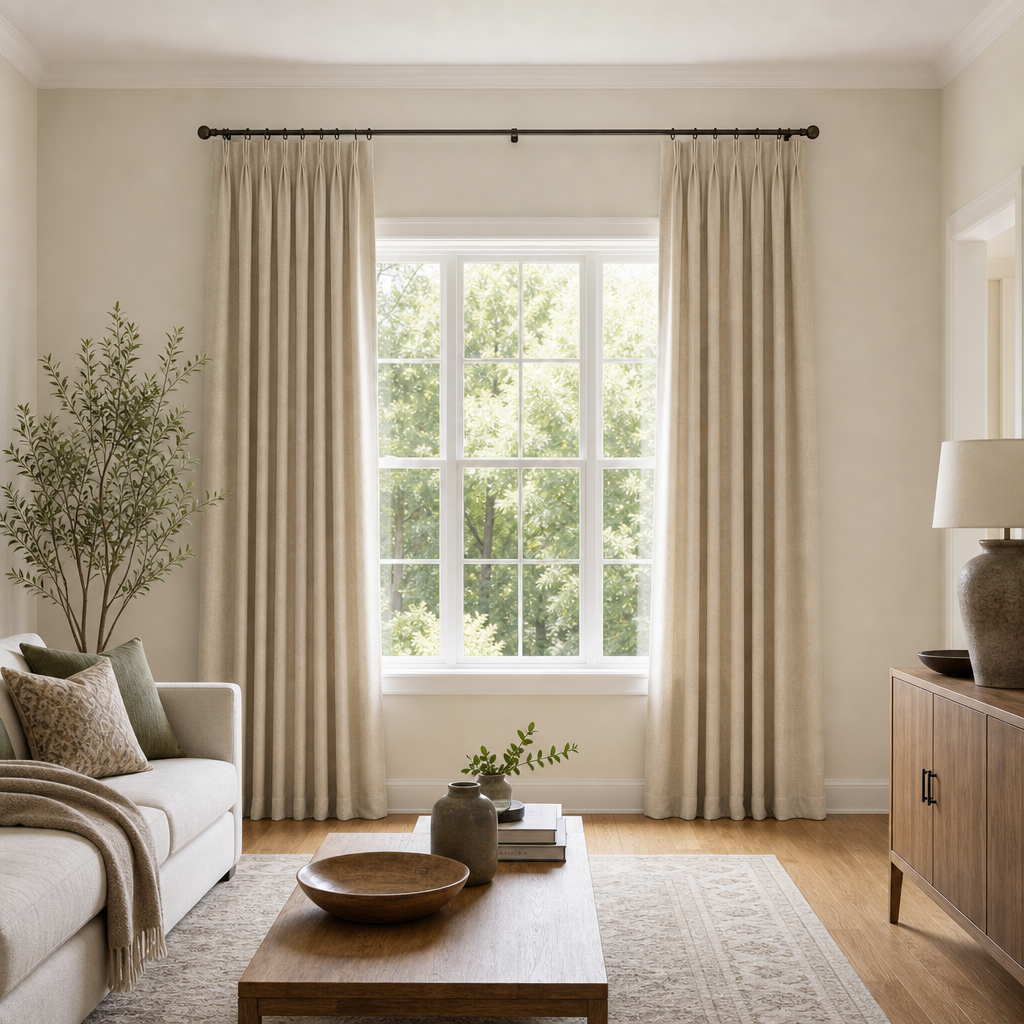 Living room window with curtains mounted above the frame for a taller look