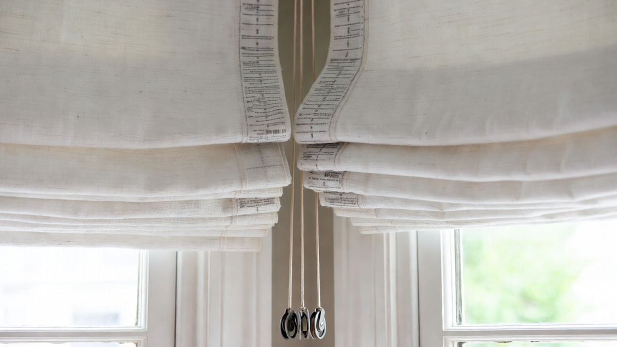Roman shade cords and fabric in a bright window setting with a clean smooth operating mechanism
