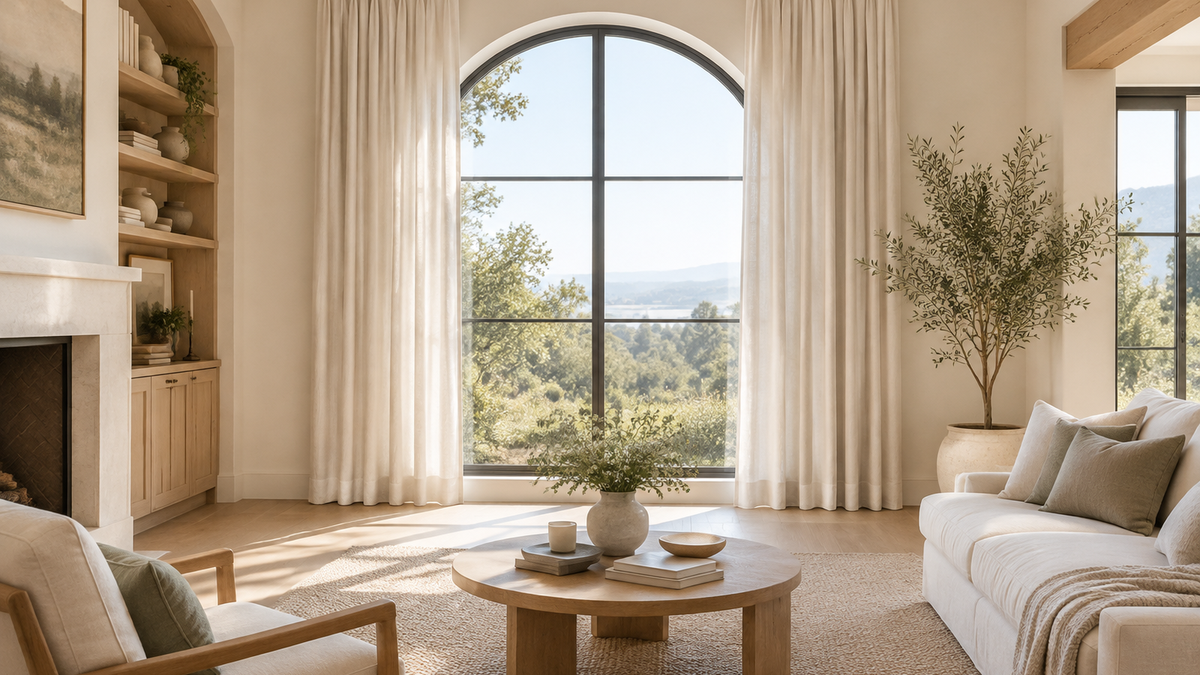 Soft ivory curtains mounted above an arched window in a bright refined living room