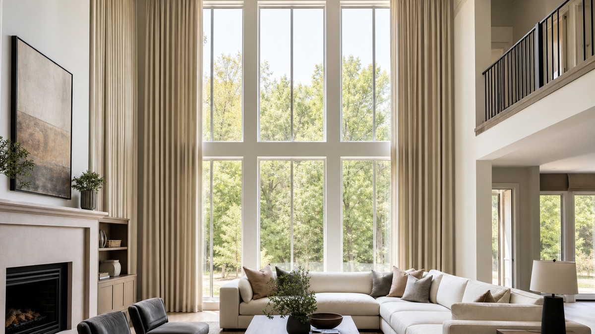 Full-height neutral curtains framing dramatic two-story windows in a bright modern living room