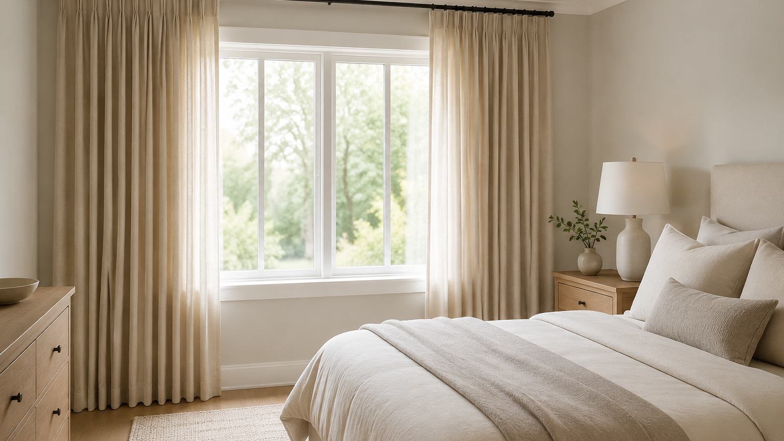 Neutral floor-length curtains in a calm guest bedroom with soft daylight and simple layered bedding