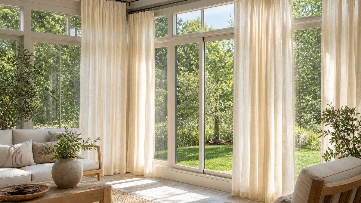Full-length linen curtains in a bright sunroom with filtered daylight, comfortable seating, and garden views