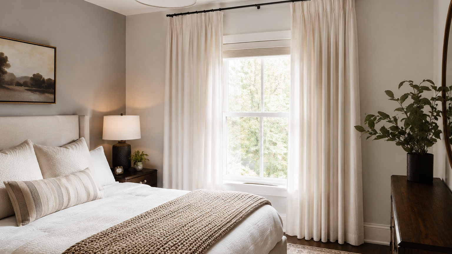 Soft neutral full-length curtains framing a small bedroom window in a bright, layered bedroom