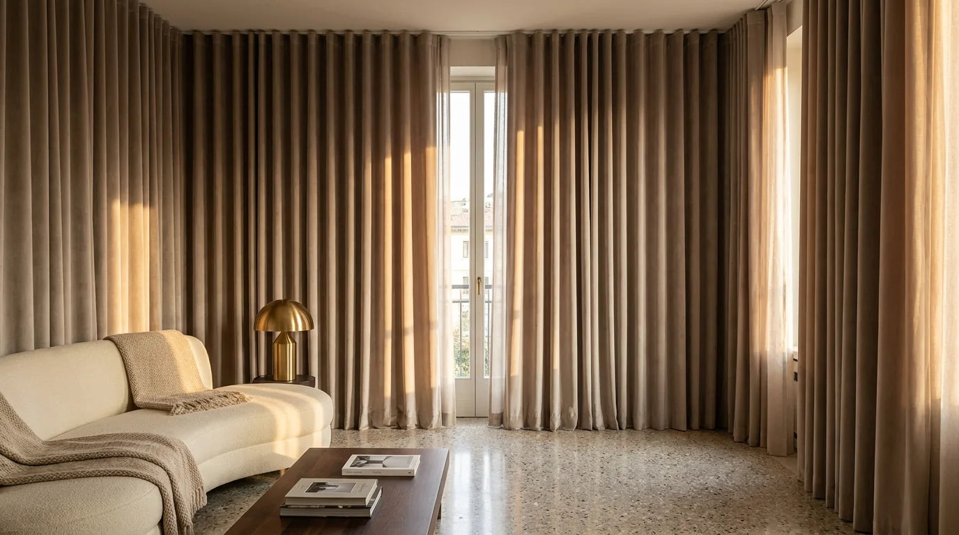 High-end interior design featuring 2x fullness curtains in a Milanese Modern style.