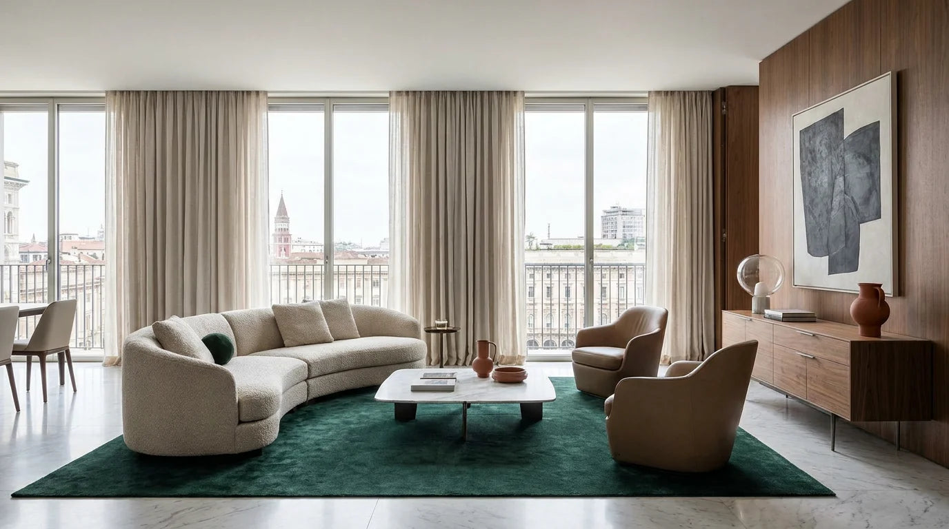 A high-end minimalist 2026 Milanese living room with elegant floor-to-ceiling window treatments.