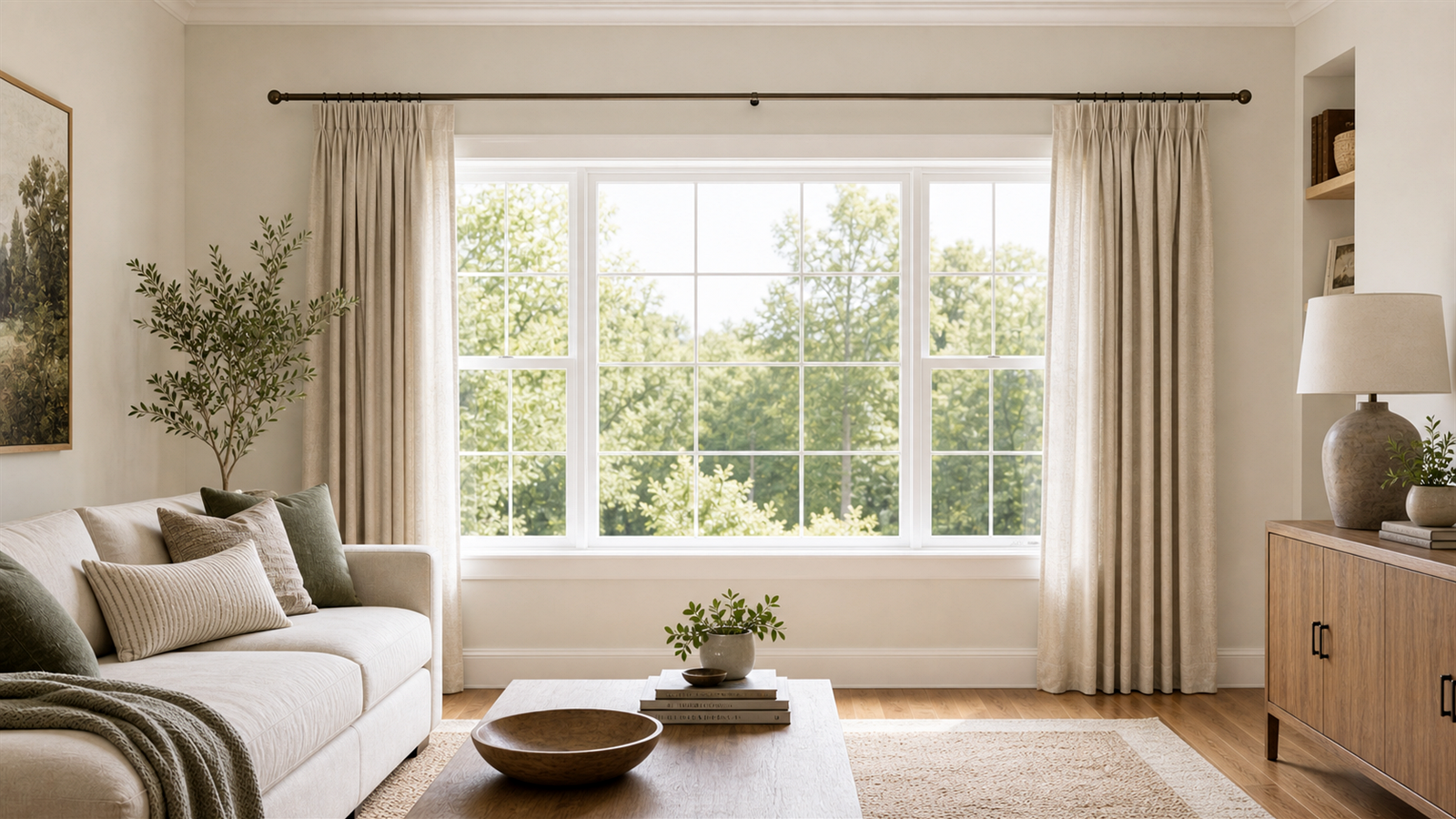Window styled with layered curtains on a double rod in a neutral living room