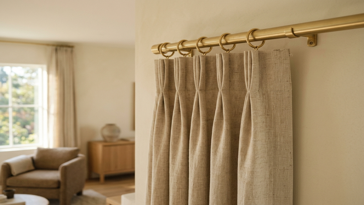 Sunlit modern living room with custom tailored pinch pleat linen drapery hanging on brass rings, showcasing crisp pleating detail and luxurious natural folds