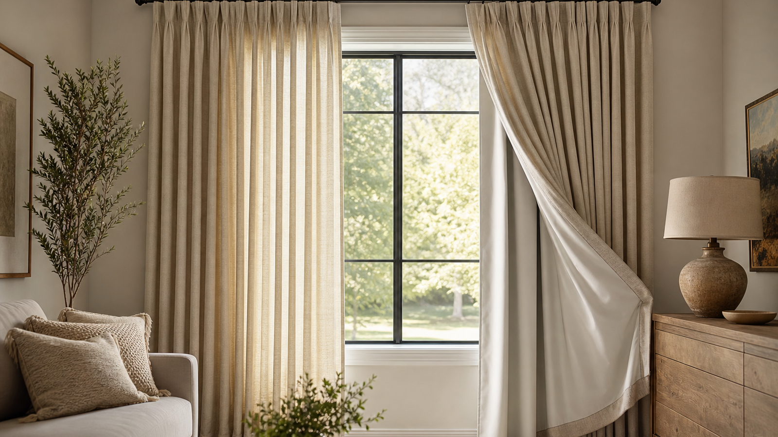 Soft neutral custom curtains with a balanced full drape in a bright living room window