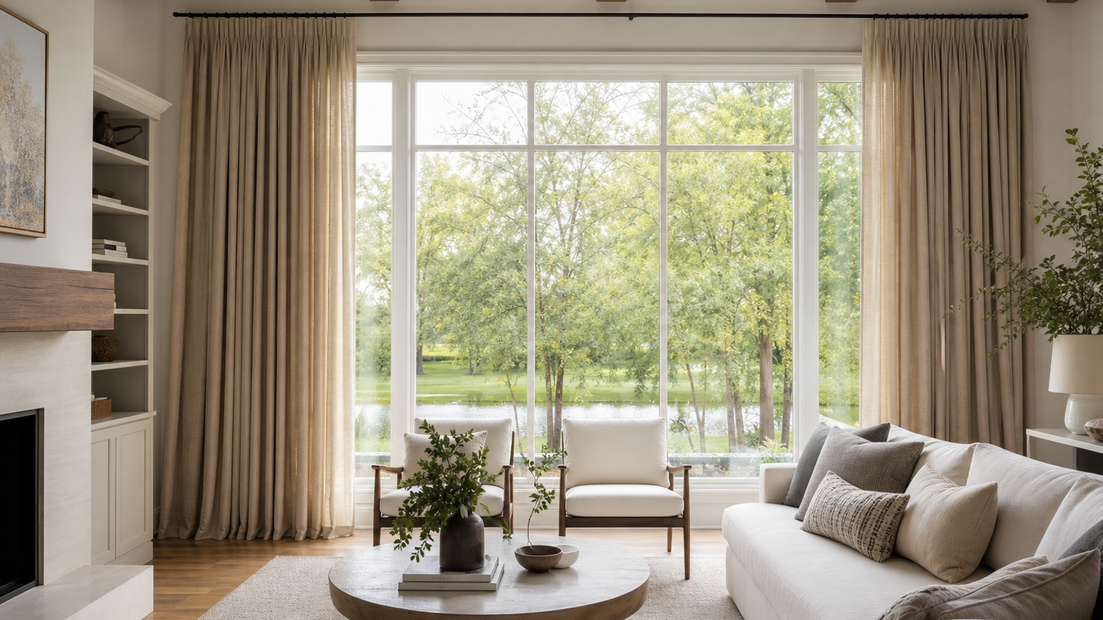 Wide living room windows dressed with custom neutral curtains that hang full and balanced