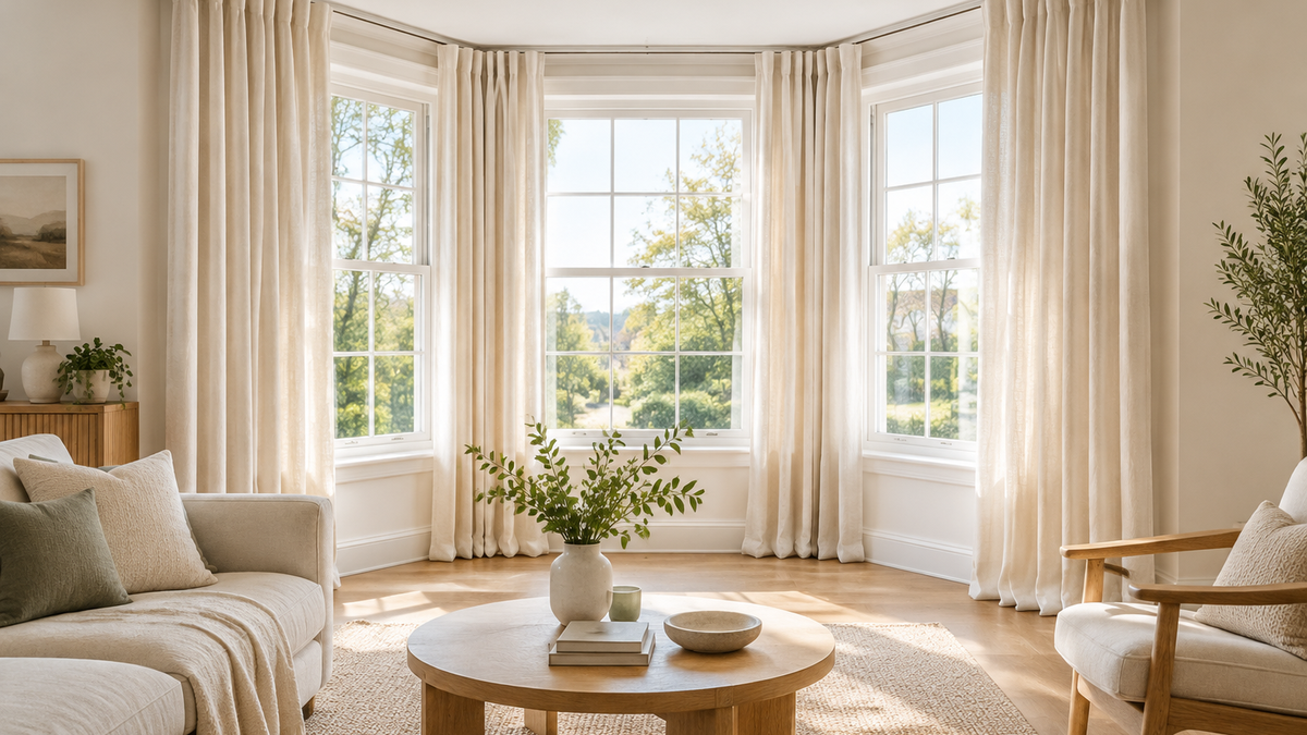 Soft ivory curtains fitted around a bright bay window in a warm modern living room
