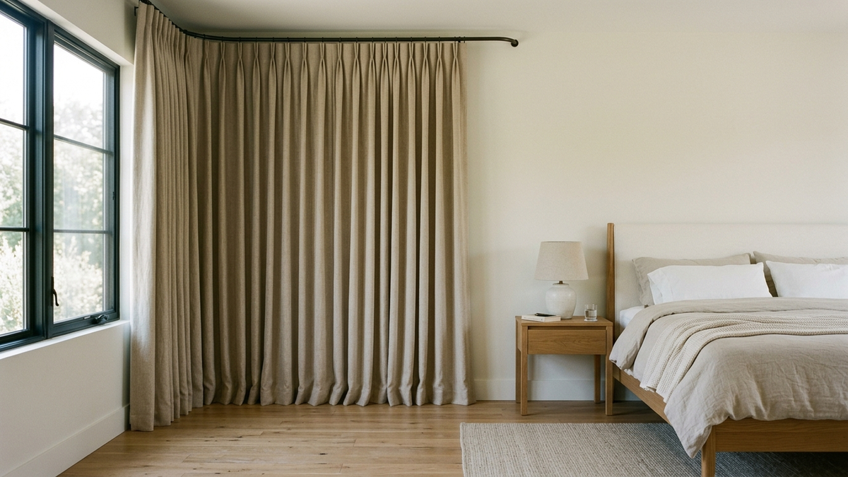 Bedroom window with custom pinch pleat blackout curtains installed on a curved French return rod flush against the wall to eliminate side light gaps