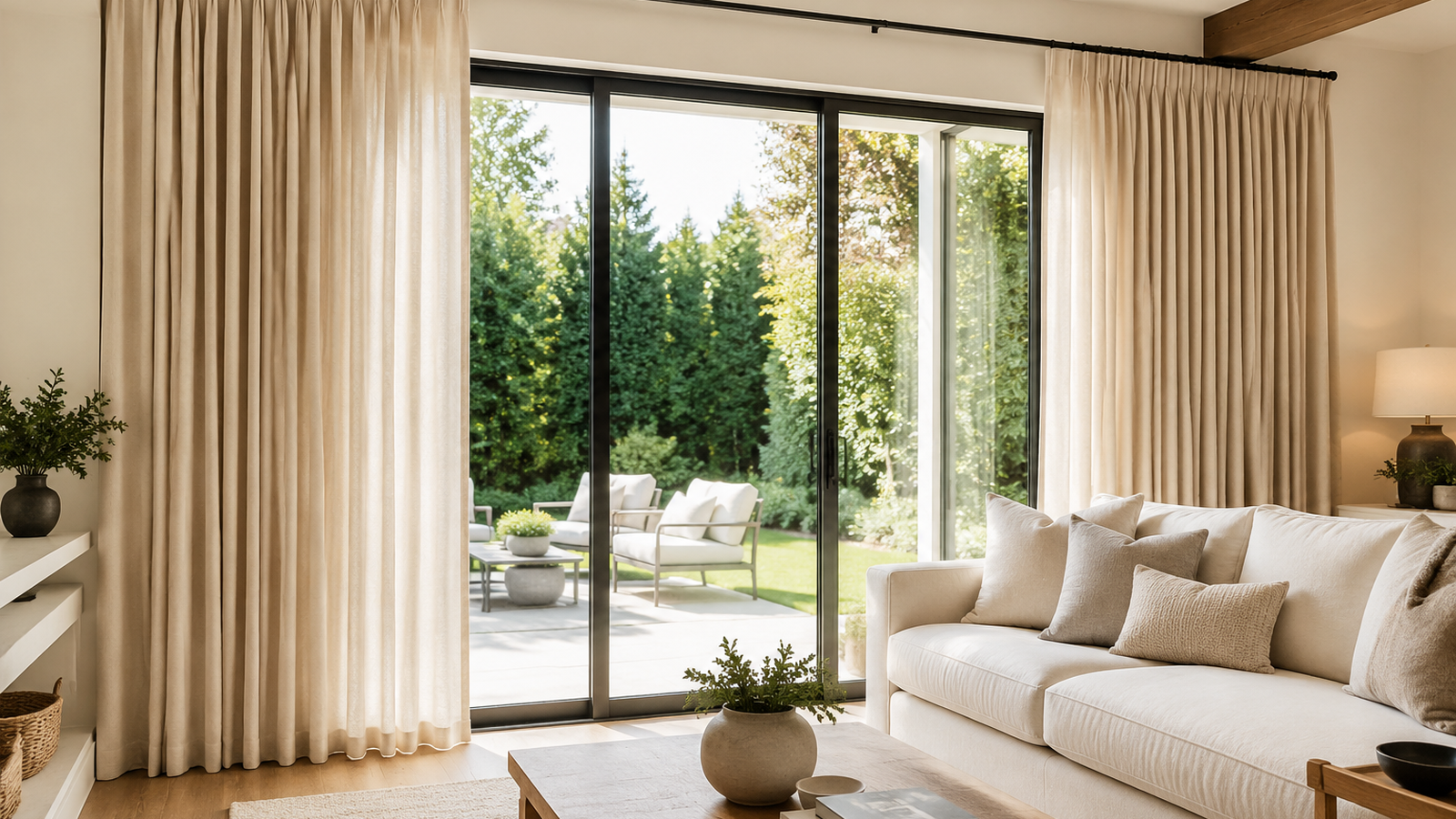 Bright living room with full-length neutral curtains framing a sliding glass door and soft daylight