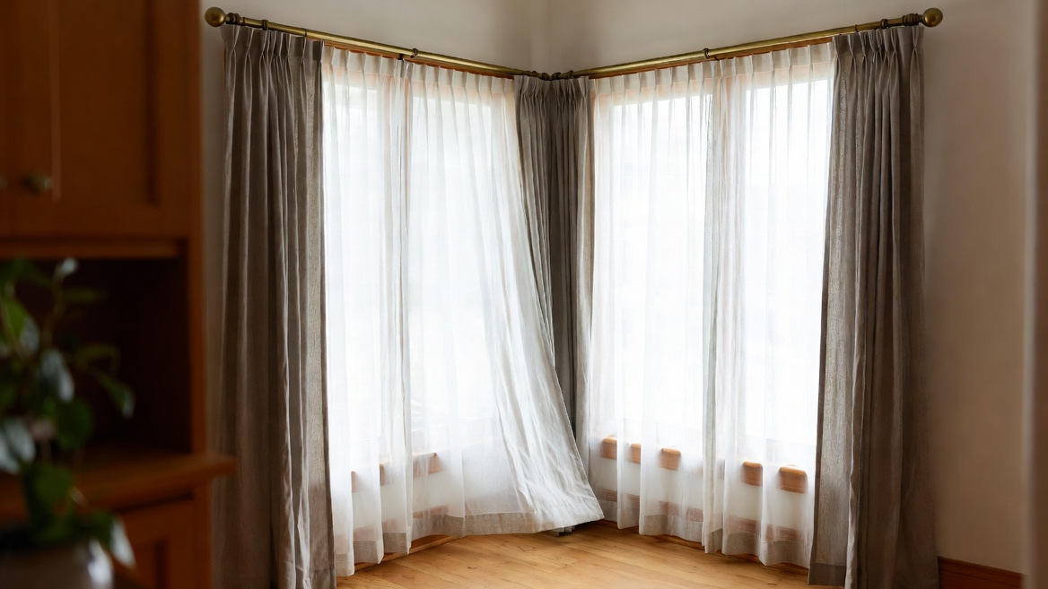 Soft neutral full-length curtains framing bright corner windows in a calm living room with natural light