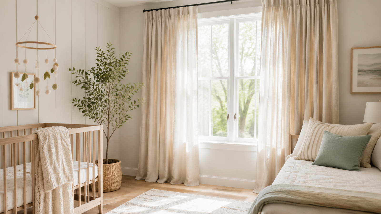 Soft neutral curtains in a calm nursery and kids room with natural daylight