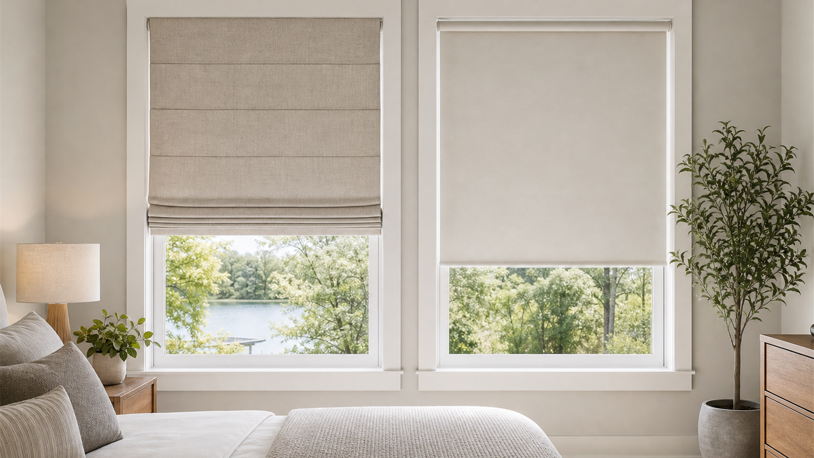Two adjacent windows in a bright home interior showing a textured Roman shade and a clean roller shade