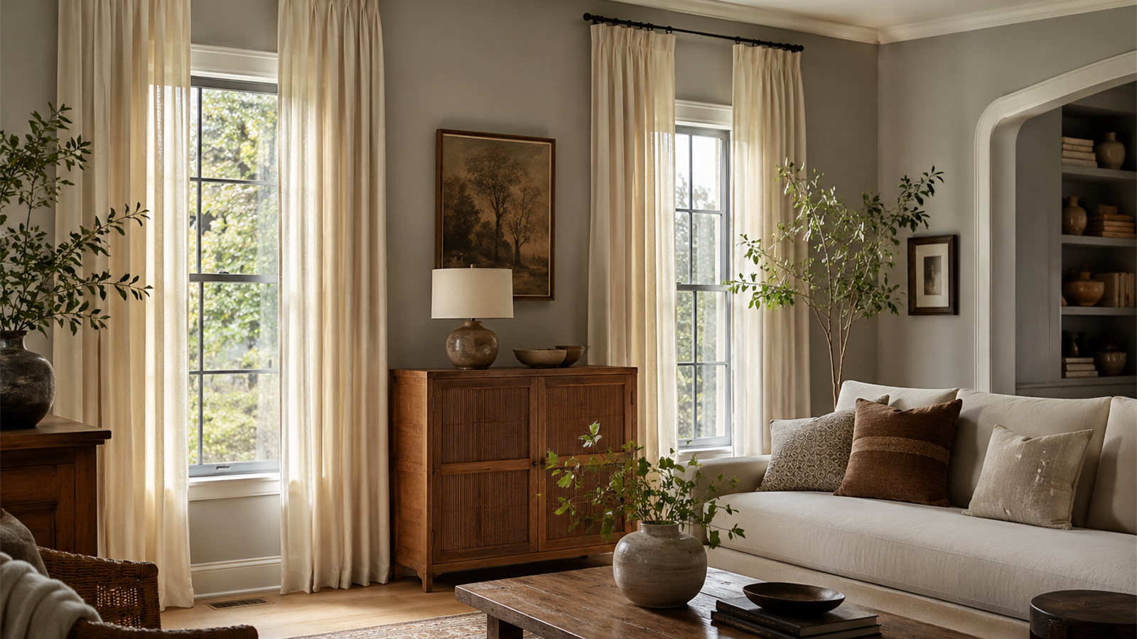 Warm living room with soft gray walls and full-length neutral curtains in natural daylight