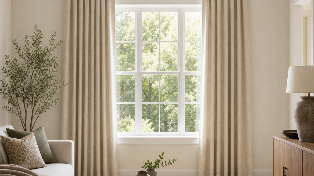 Soft neutral curtains hung high above a bright living room window for a taller, balanced look