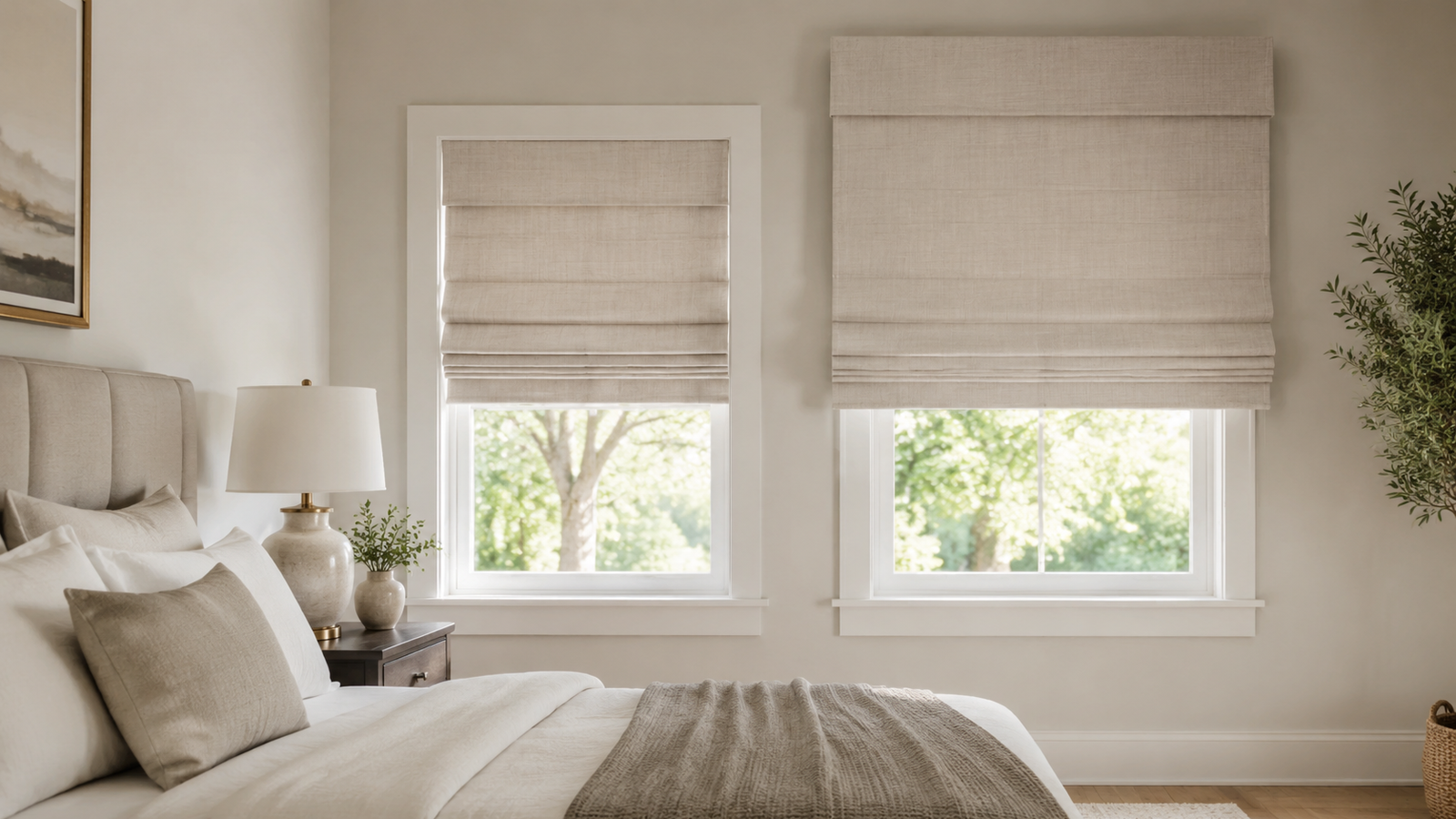 Bedroom windows comparing inside mount and outside mount roman shades in neutral fabric