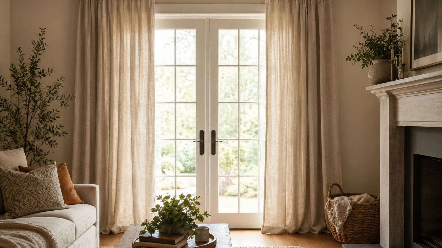 Soft neutral full-length curtains framing bright French doors in a warm living room