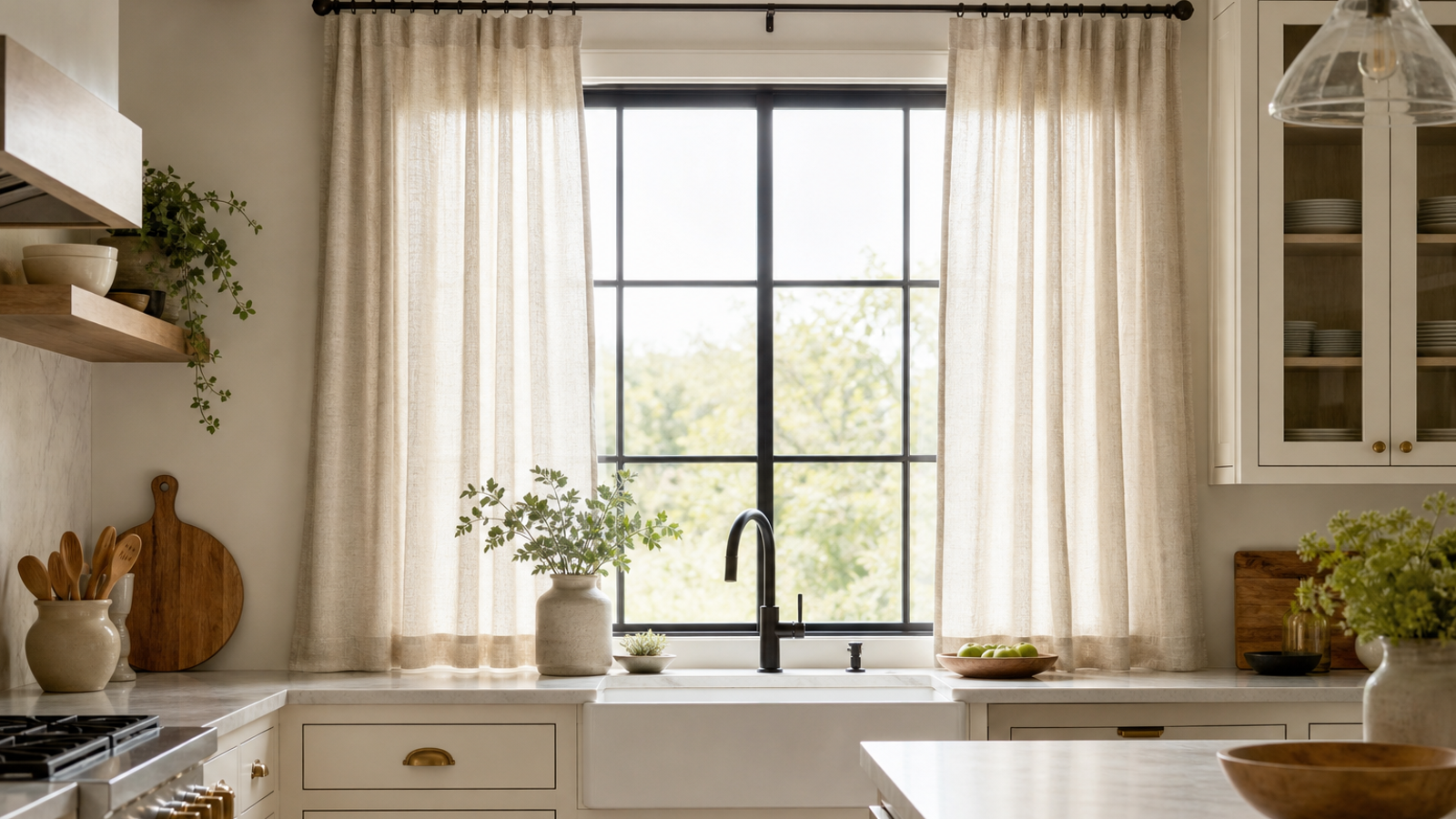 Soft neutral kitchen window curtains filtering daylight above a clean bright sink area