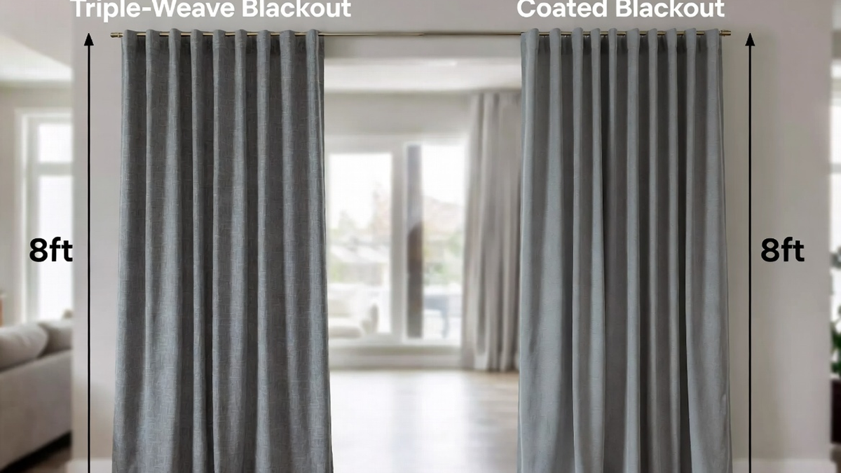 Blackout curtain comparison in a calm bedroom showing soft triple-weave fabric and a more coated blackout look