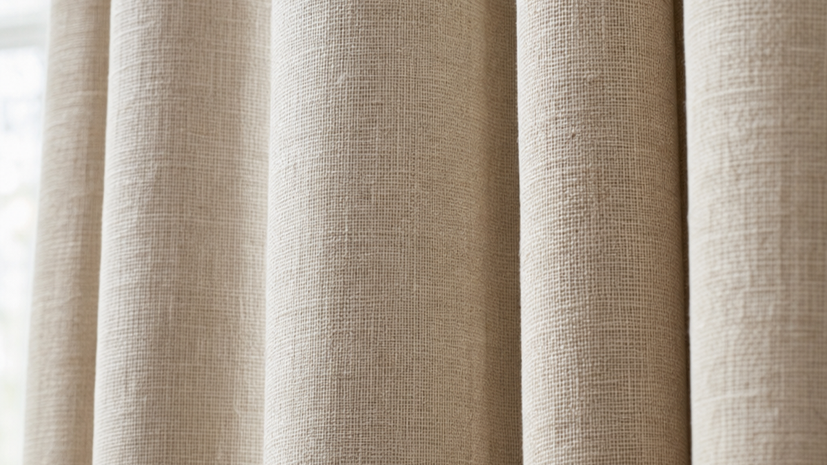 Close-up of neutral curtain fabric swatches with visible texture and weave