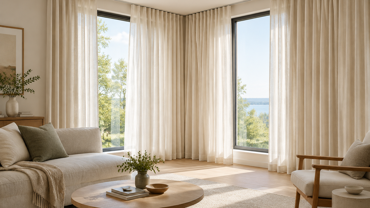 Corner window curtains with planned return and side stack-back space