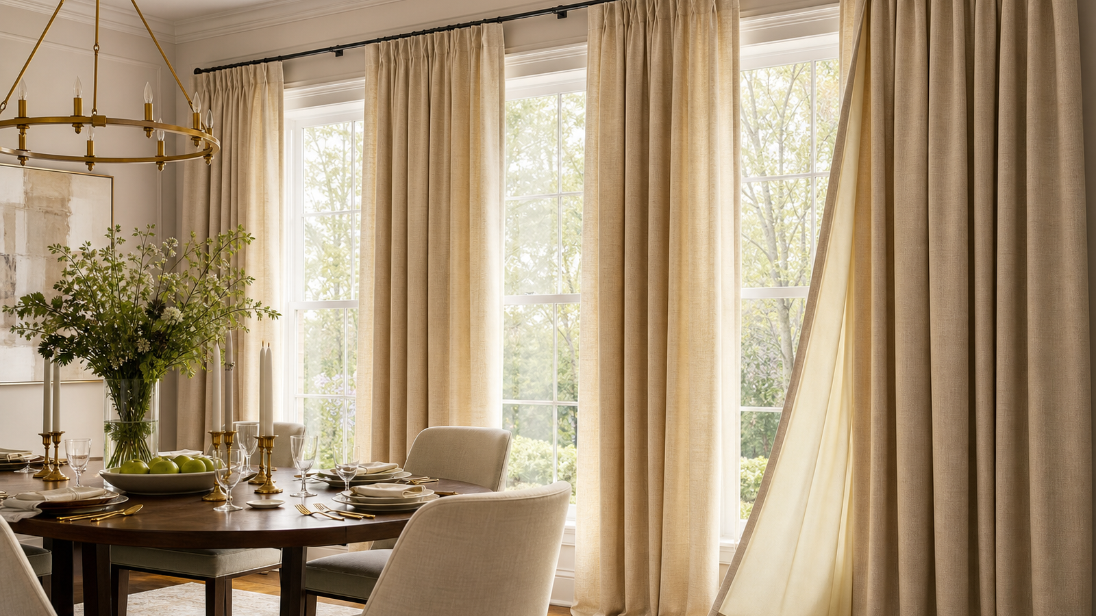 Elegant dining room with full-length curtains showing a lined panel, soft daylight, and a refined neutral table setting